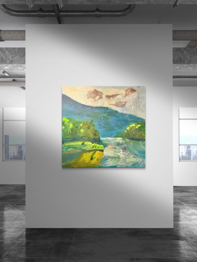 Portrait of Romildo Marranci, a contemporary abstract artist from Atlanta, smiling in front of a vibrant orange and yellow background.