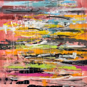 Think Outside Of The Frame II — large abstract contemporary landscape painting in green, blue, yellow, lavender, and roseate orange by Romildo Marranci.