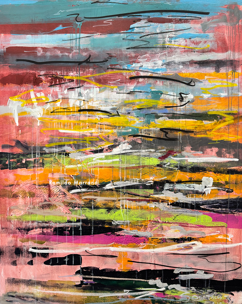 Think Outside Of The Frame II — large abstract contemporary landscape painting in green, blue, yellow, lavender, and roseate orange by Romildo Marranci.