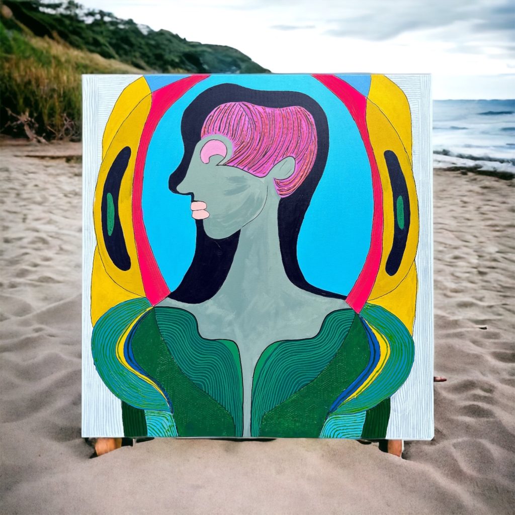 Surrealist abstract painting with stylized face, pink hair, and bold geometry – artwork by Romildo Marranci.