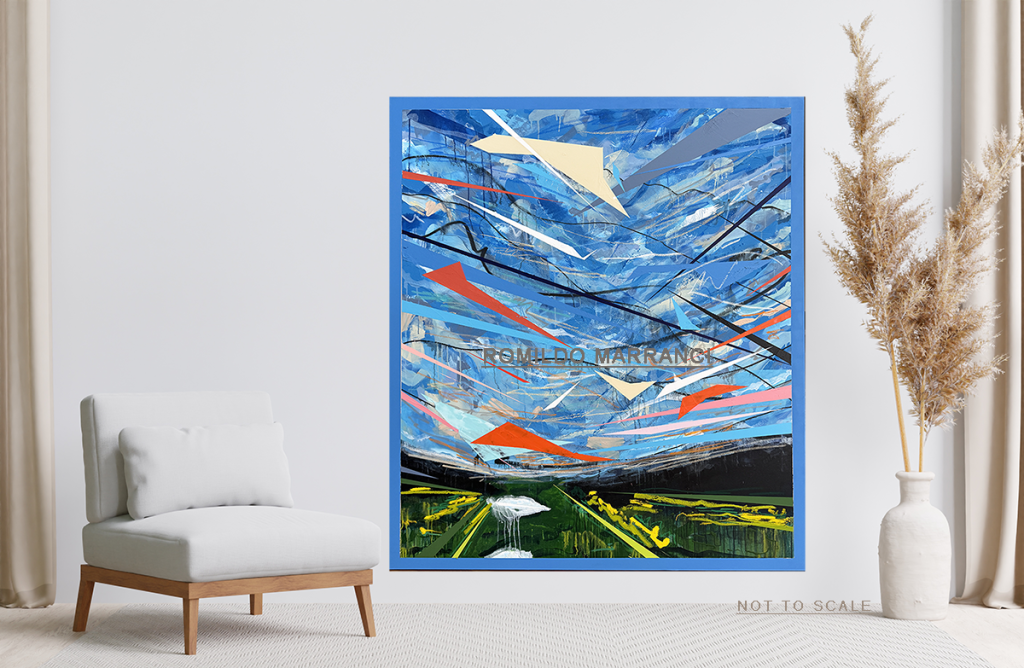 abstract landscape painting for sale in Atlanta with textured waterfall and vibrant colors – Colorful Vista by Romildo Marranci.