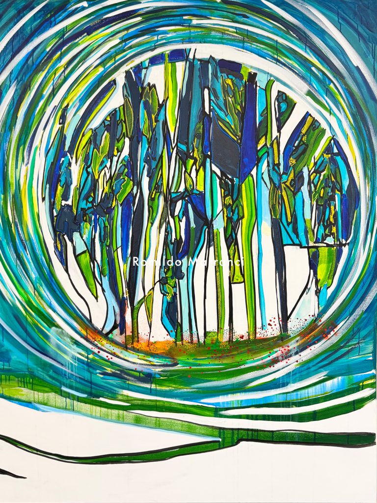 Abstract landscape painting for sale in Atlanta blending forest forms and geometry – Euclid’s Arboreal Dream by Romildo Marranci.