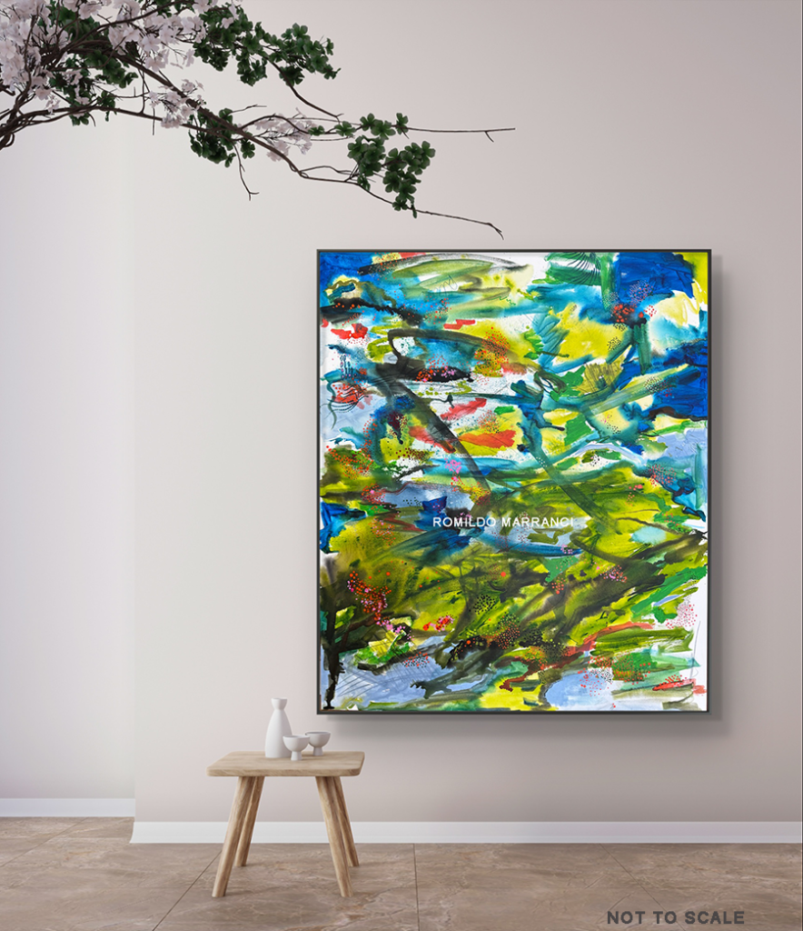 Abstract landscape painting for sale in Atlanta with bold green, orange, and blue textures – Vivid Valleys by Romildo Marranci.