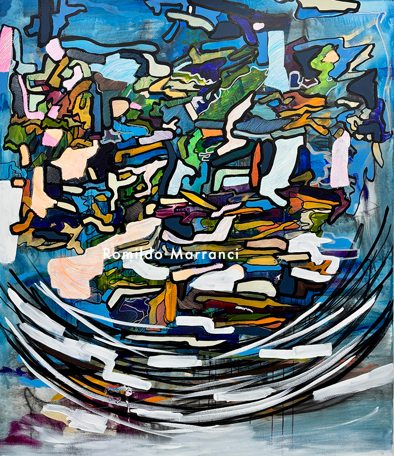 Euclid’s Arboreal Dream III by Romildo Marranci – geometric abstract painting with layered textures and organic shapes, created in Atlanta