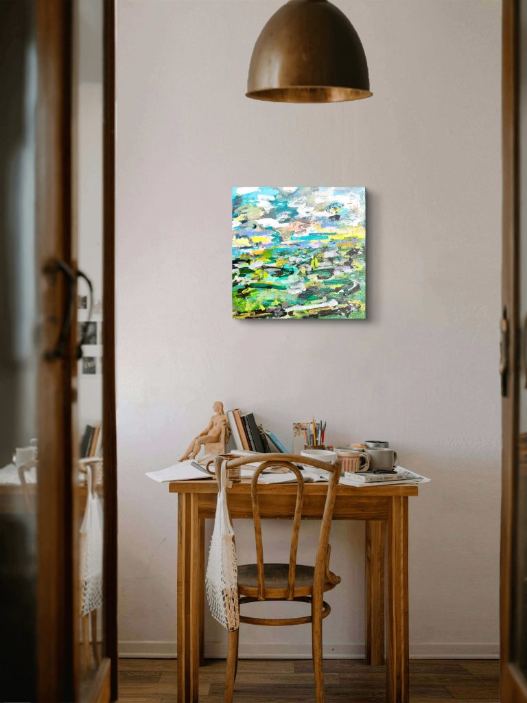 Whispers of Sky Over Verdant Fields — tranquil abstract landscape painting by Romildo Marranci, available in Atlanta