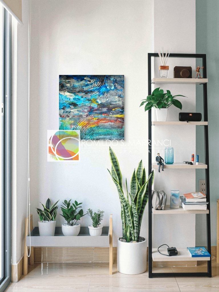 Desert Dusk abstract landscape painting by Atlanta artist Romildo Marranci, 20x20 mixed media canvas