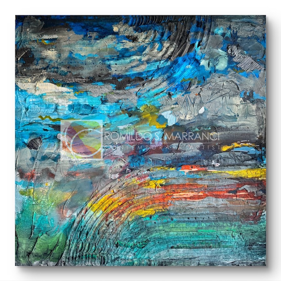 Desert Dusk abstract landscape painting by Atlanta artist Romildo Marranci, 20x20 mixed media canvas